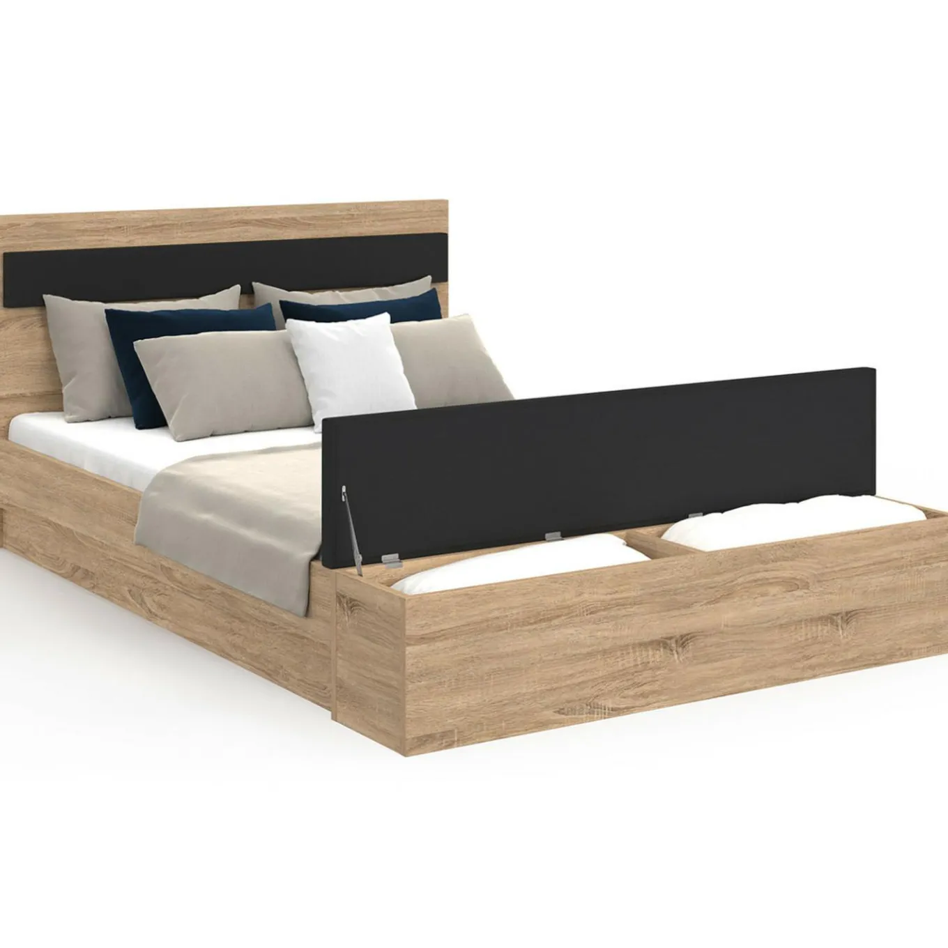 IDMarket Lit 2 personnes sommier 140x190 cm avec tête de lit et banc coffre bois et noir* Meubles Noirs|Meubles En Bois