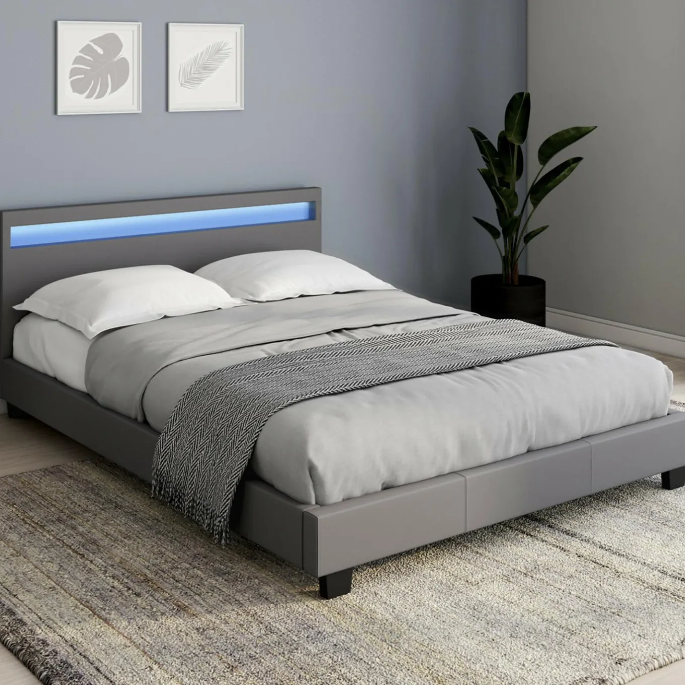 IDMarket Lit 2 places avec LED 140x190 cm gris* Collection Moderne|Chambre Complète Adulte