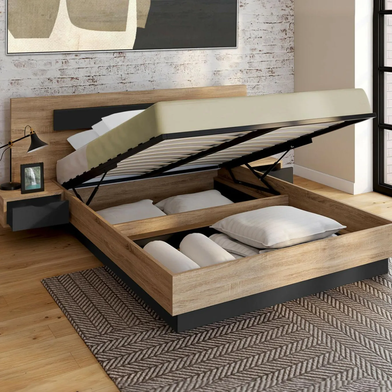 IDMarket Lit 2 places double coffre 140x190 cm avec sommier et tables de chevet* Meubles En Bois|Chambre Complète Adulte