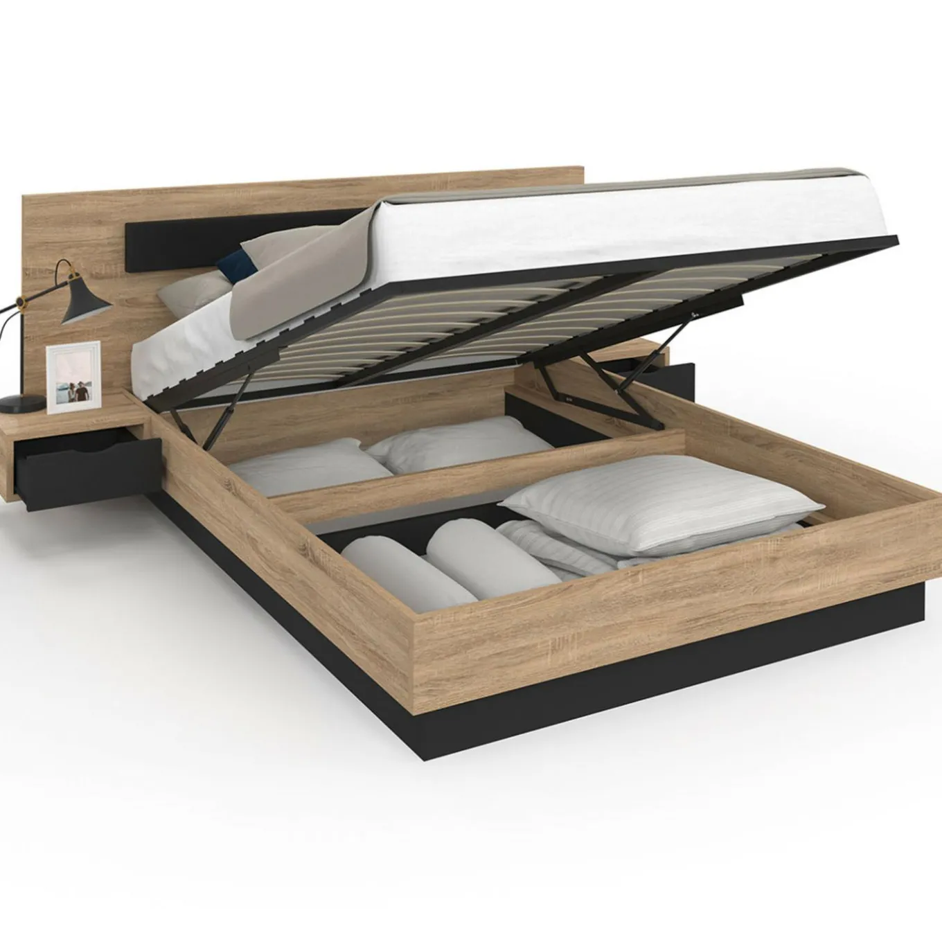 IDMarket Lit 2 places double coffre 140x190 cm avec sommier et tables de chevet* Meubles En Bois|Chambre Complète Adulte