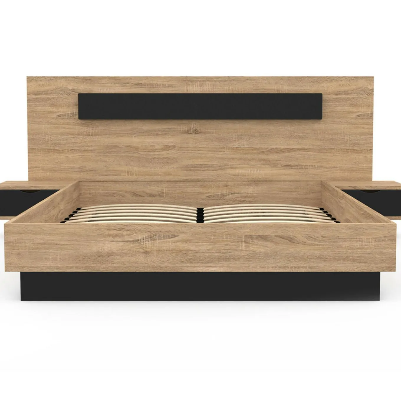 IDMarket Lit 2 places double coffre 140x190 cm avec sommier et tables de chevet* Meubles En Bois|Chambre Complète Adulte