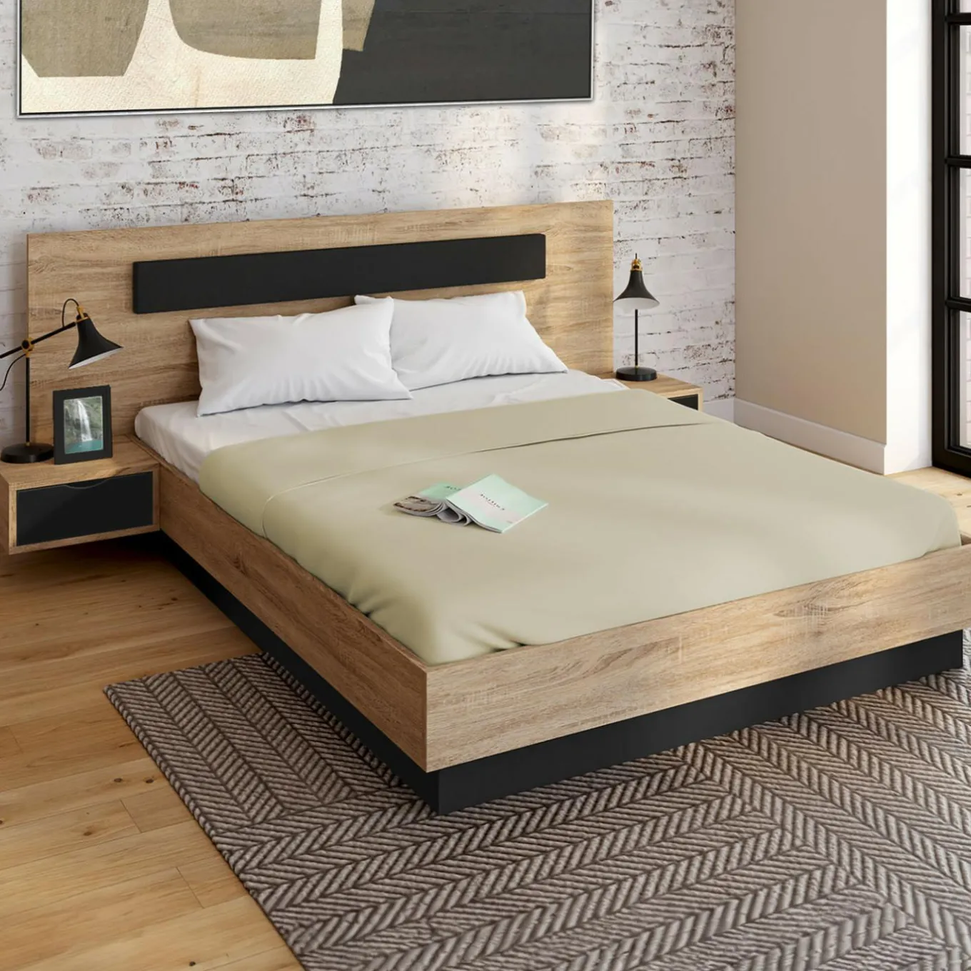 IDMarket Lit 2 places double coffre 140x190 cm avec sommier et tables de chevet* Meubles En Bois|Chambre Complète Adulte