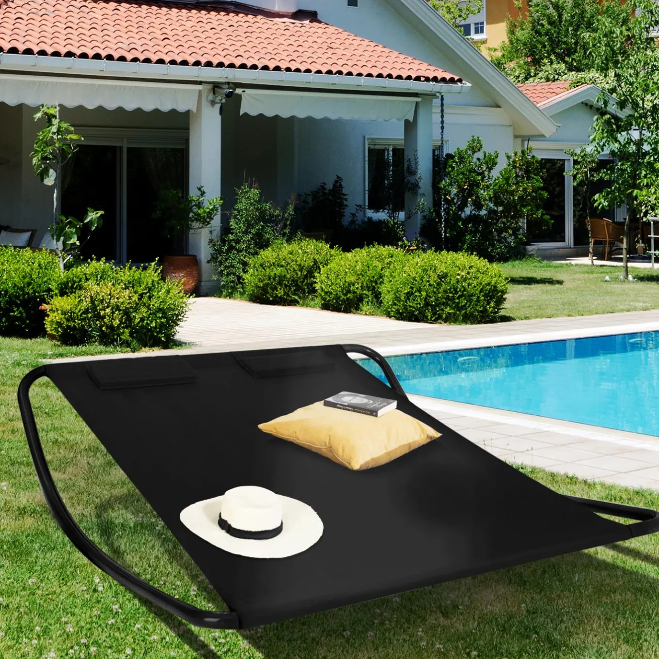 IDMarket Lit bain de soleil double en toile noire* Bains De Soleil