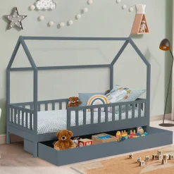 IDMarket Lit cabane avec tiroir et barrières gris 80x160 cm*Enfant Meubles Tiroirs|Collection Scandinave