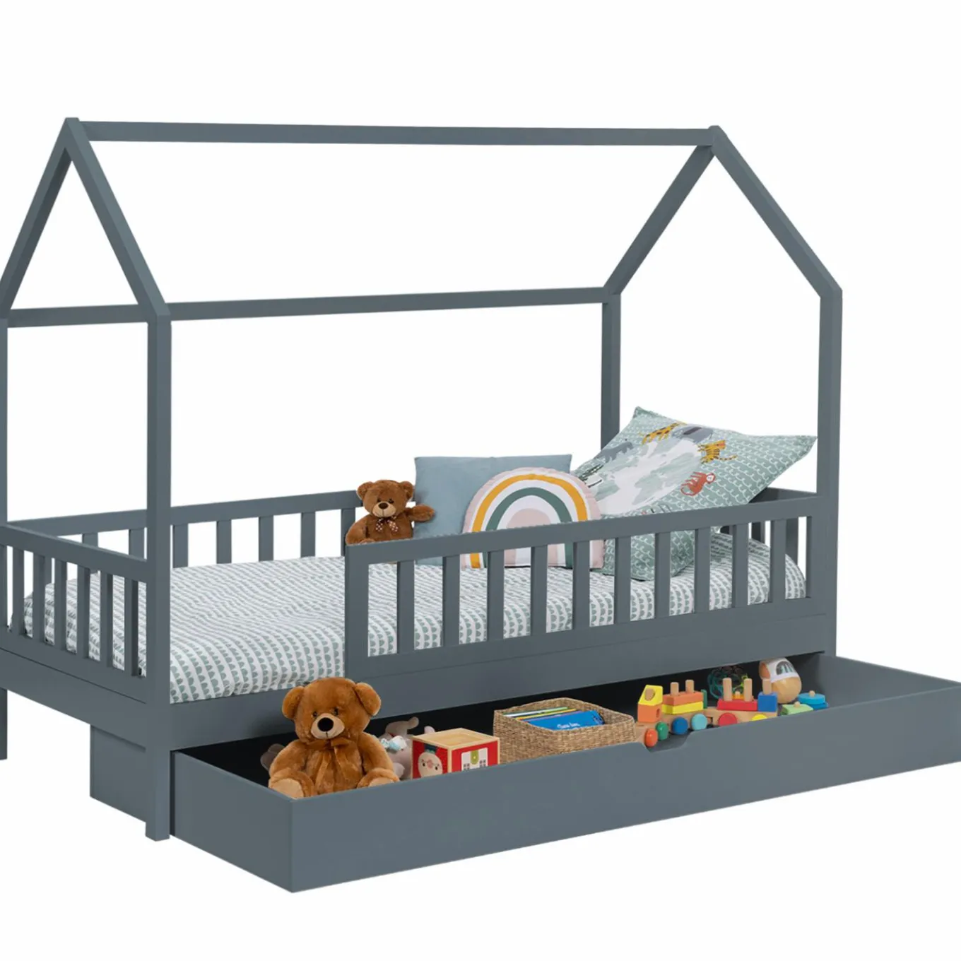 IDMarket Lit cabane avec tiroir et barrières gris 80x160 cm*Enfant Meubles Tiroirs|Collection Scandinave