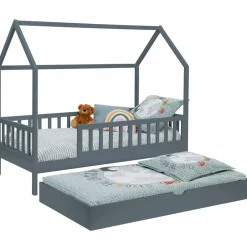 IDMarket Lit cabane avec tiroir et barrières gris 80x160 cm*Enfant Meubles Tiroirs|Collection Scandinave