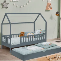 IDMarket Lit cabane avec tiroir et barrières gris 80x160 cm*Enfant Meubles Tiroirs|Collection Scandinave