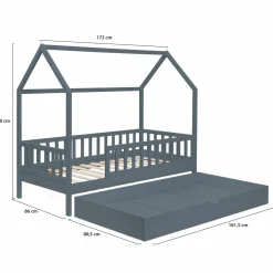 IDMarket Lit cabane avec tiroir et barrières gris 80x160 cm*Enfant Meubles Tiroirs|Collection Scandinave