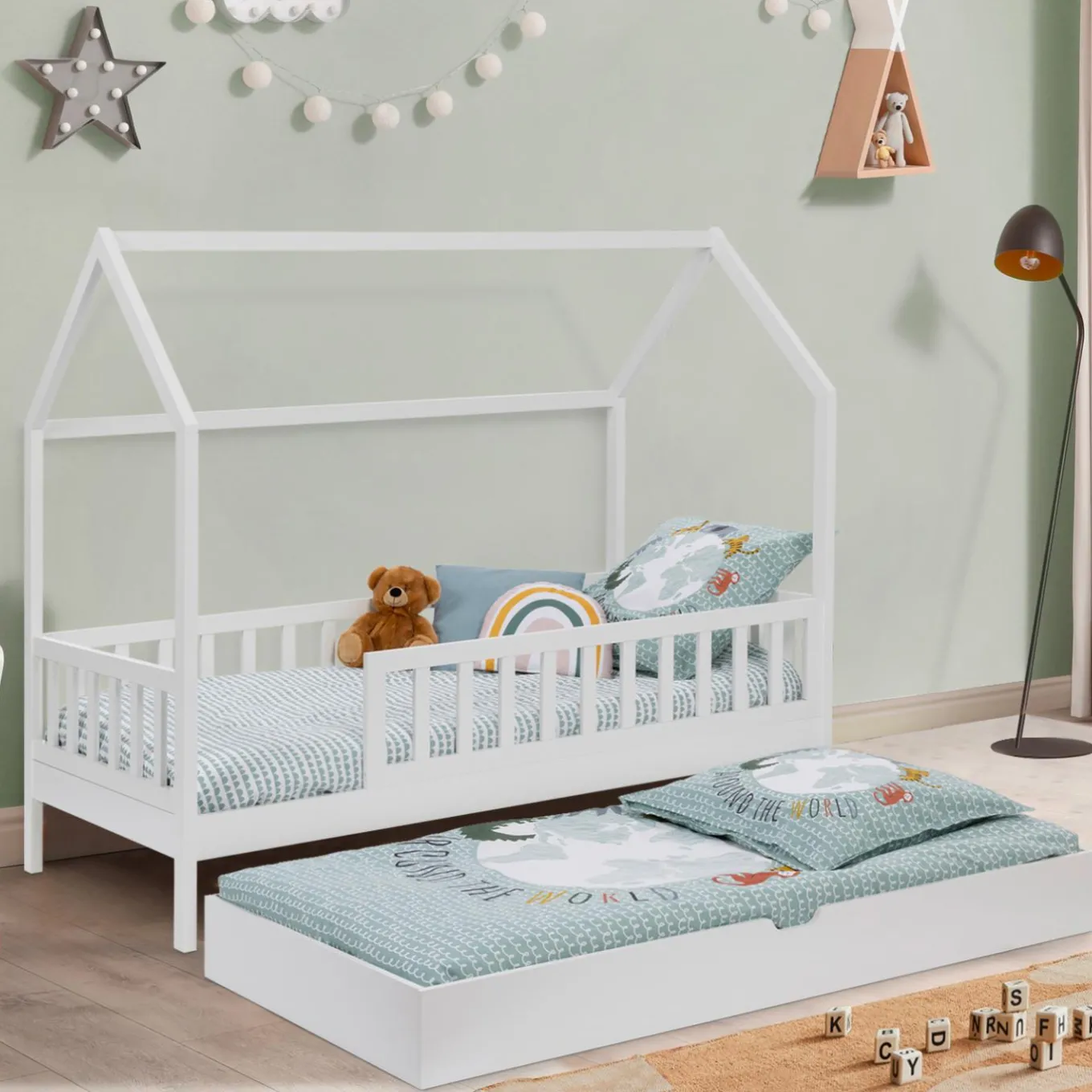 IDMarket Lit cabane avec tiroir et barrières blanc 80x160 cm*Enfant Meubles Tiroirs|Meubles Blancs