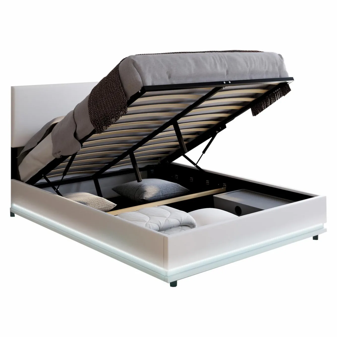 IDMarket Lit coffre 2 places 140x190 en PVC blanc avec sommier et LED* Collection Moderne|Lits Avec Sommier