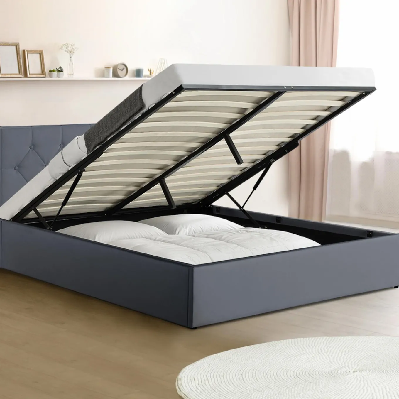 IDMarket Lit coffre avec tête de lit gris 140x190 CM* Collection Contemporaine|Chambre Complète Adulte