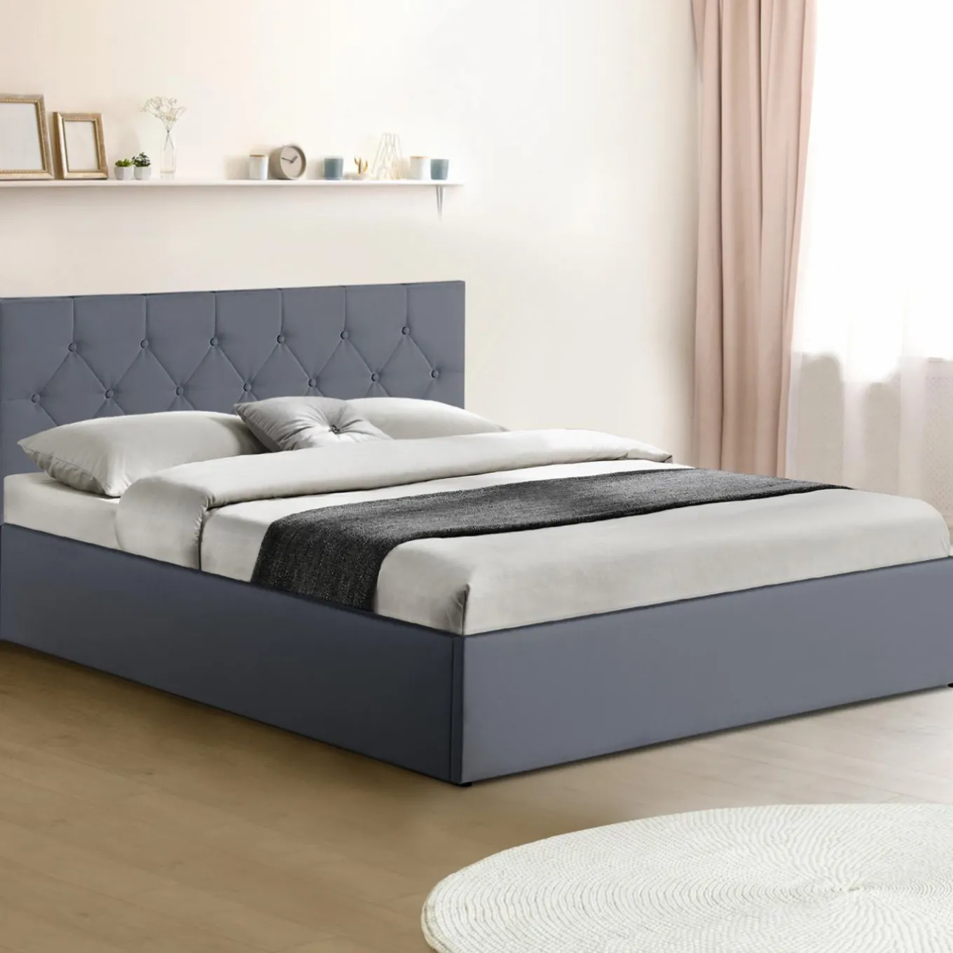 IDMarket Lit coffre avec tête de lit gris 140x190 CM* Collection Contemporaine|Chambre Complète Adulte