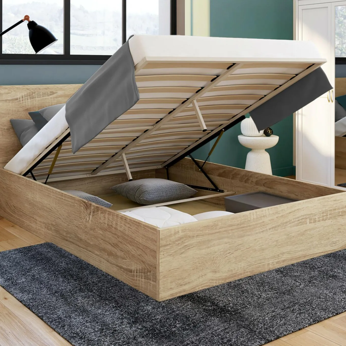 IDMarket Lit coffre deux personnes façon hêtre 160 x 200 cm* Collection Contemporaine|Chambre Complète Adulte