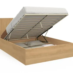 IDMarket Lit coffre double 140 x 190 cm avec tête de lit et sommier effet lattes et bois* Collection Contemporaine|Lits Avec Sommier