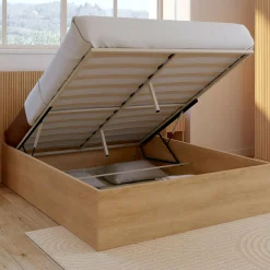 IDMarket Lit coffre double 140 x 190 cm avec tête de lit et sommier effet lattes et bois* Collection Contemporaine|Lits Avec Sommier