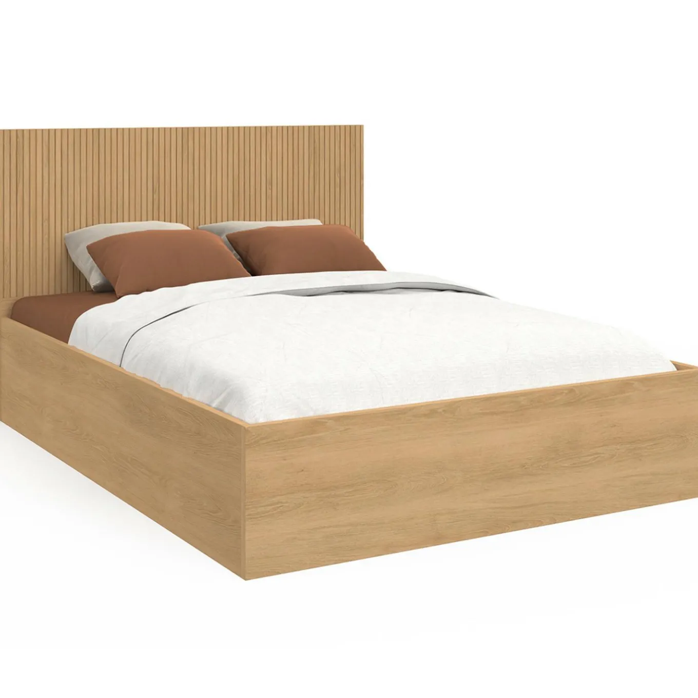 IDMarket Lit coffre double 140 x 190 cm avec tête de lit et sommier effet lattes et bois* Collection Contemporaine|Lits Avec Sommier