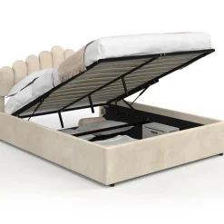 IDMarket Lit coffre double avec tête de lit et sommier 140 x 190 cm velours beige* Lits Avec Sommier|Collection Moderne