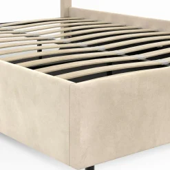 IDMarket Lit coffre double avec tête de lit et sommier 140 x 190 cm velours beige* Lits Avec Sommier|Collection Moderne