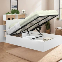 IDMarket Lit coffre double avec tête de lit, rangements et sommier blanc et bois* Lits Avec Sommier