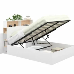 IDMarket Lit coffre double avec tête de lit, rangements et sommier blanc et bois* Lits Avec Sommier