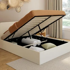 IDMarket Lit coffre double avec tête de lit et sommier 140x190 cm tissu bouclette* Meubles Blancs|Collection Moderne