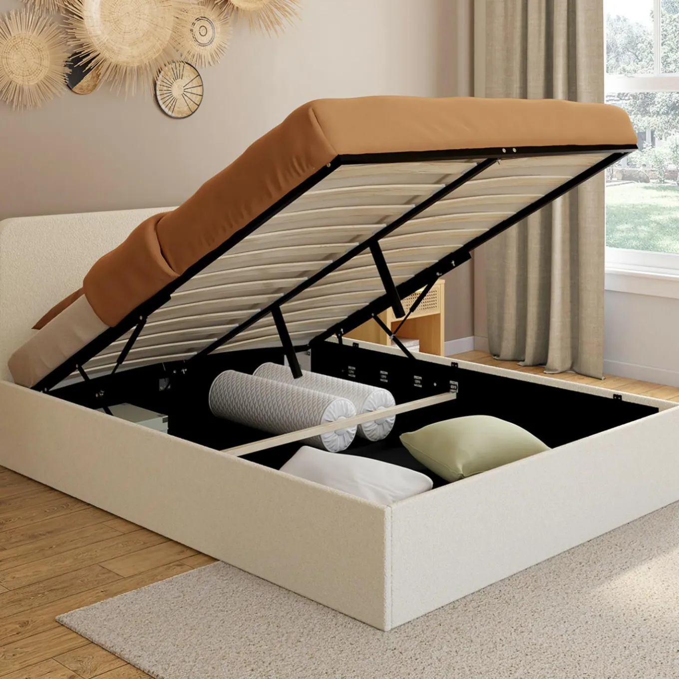 IDMarket Lit coffre double avec tête de lit et sommier 140x190 cm tissu bouclette* Meubles Blancs|Collection Moderne