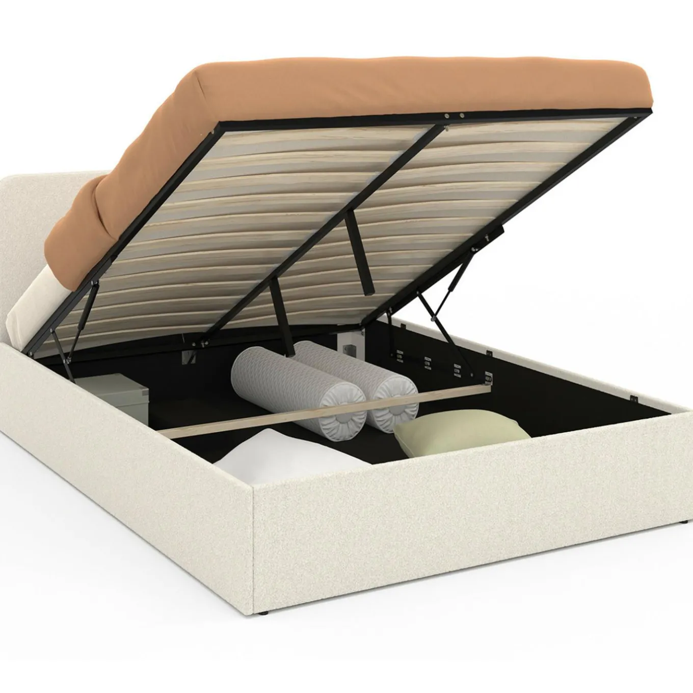 IDMarket Lit coffre double avec tête de lit et sommier 140x190 cm tissu bouclette* Meubles Blancs|Collection Moderne