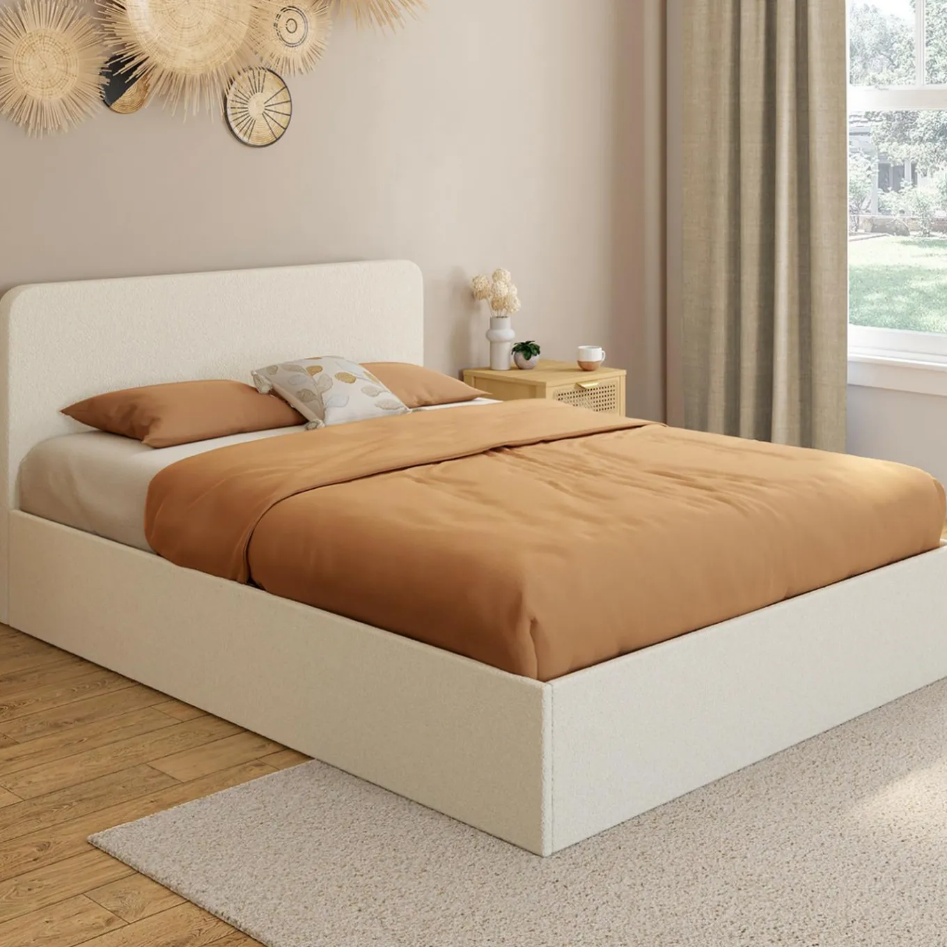 IDMarket Lit coffre double avec tête de lit et sommier 140x190 cm tissu bouclette* Meubles Blancs|Collection Moderne