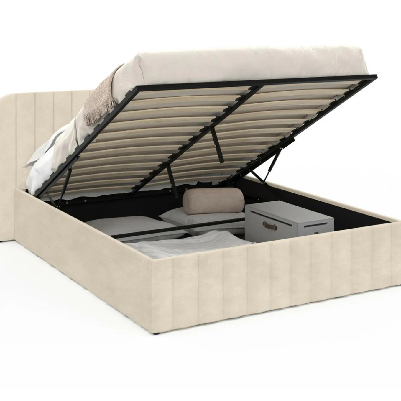 IDMarket Lit coffre double avec tête de lit en velours beige 160x200 cm* Lits Avec Sommier|Chambre Complète Adulte