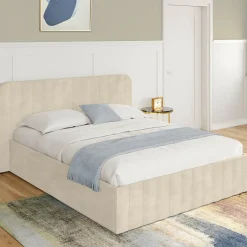 IDMarket Lit coffre double avec tête de lit en velours beige 160x200 cm* Lits Avec Sommier|Chambre Complète Adulte