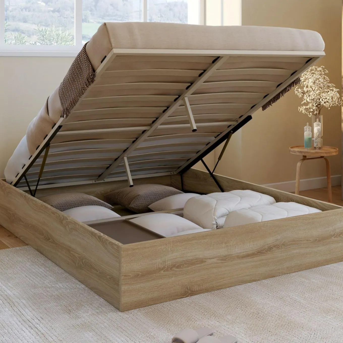 IDMarket Lit coffre double SANDSIDE avec sommier 140 x 190 cm hêtre* Lits Avec Sommier|Chambre Complète Adulte