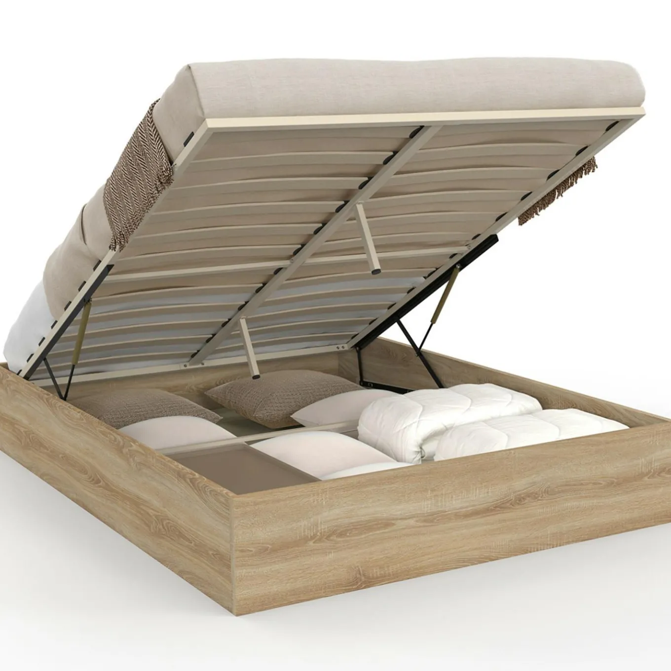 IDMarket Lit coffre double SANDSIDE avec sommier 140 x 190 cm hêtre* Lits Avec Sommier|Chambre Complète Adulte