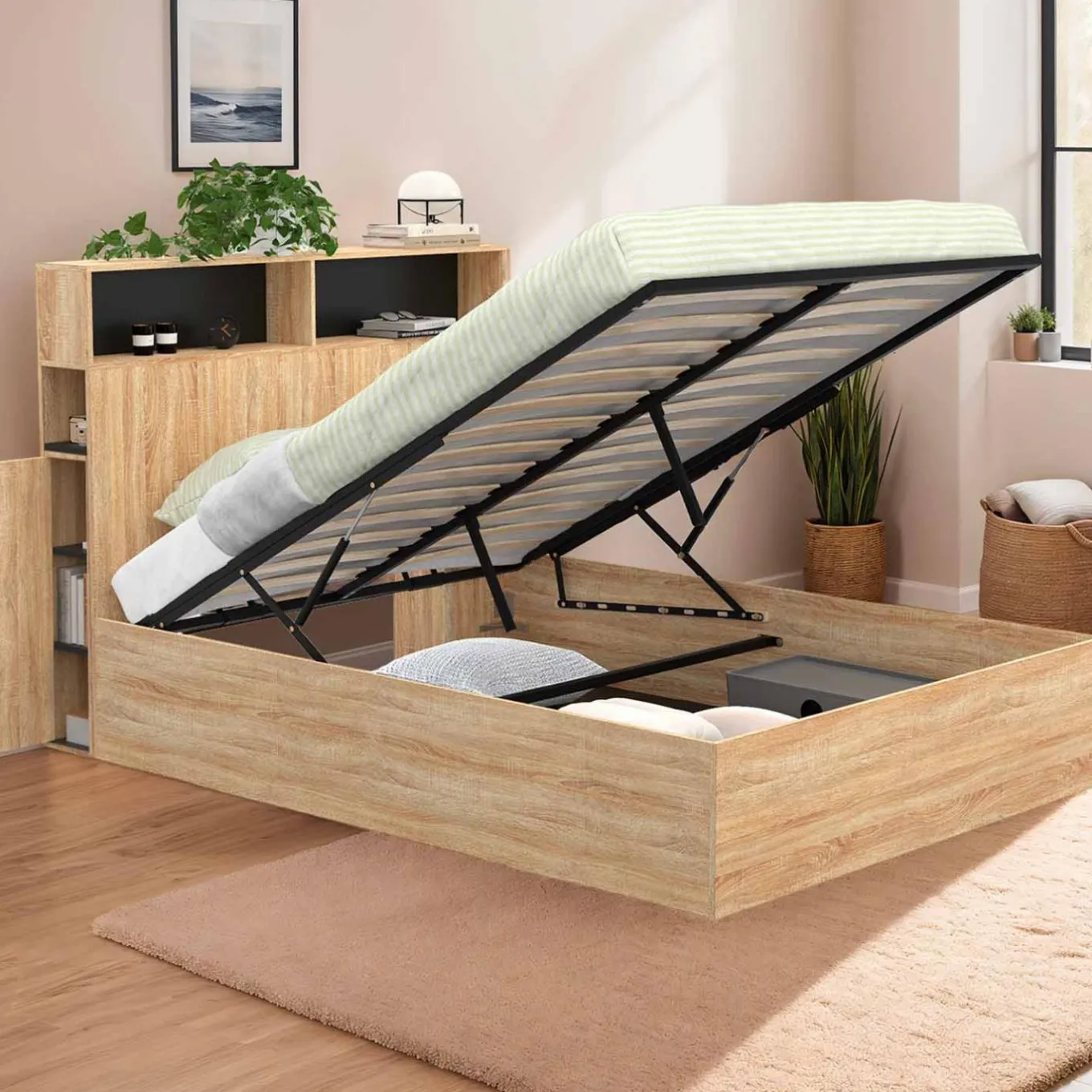 IDMarket Lit coffre double 140x190 cm avec tête de lit façon hêtre et noir* Collection Contemporaine|Lits Avec Sommier