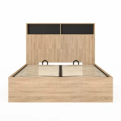 IDMarket Lit coffre double 140x190 cm avec tête de lit façon hêtre et noir* Collection Contemporaine|Lits Avec Sommier