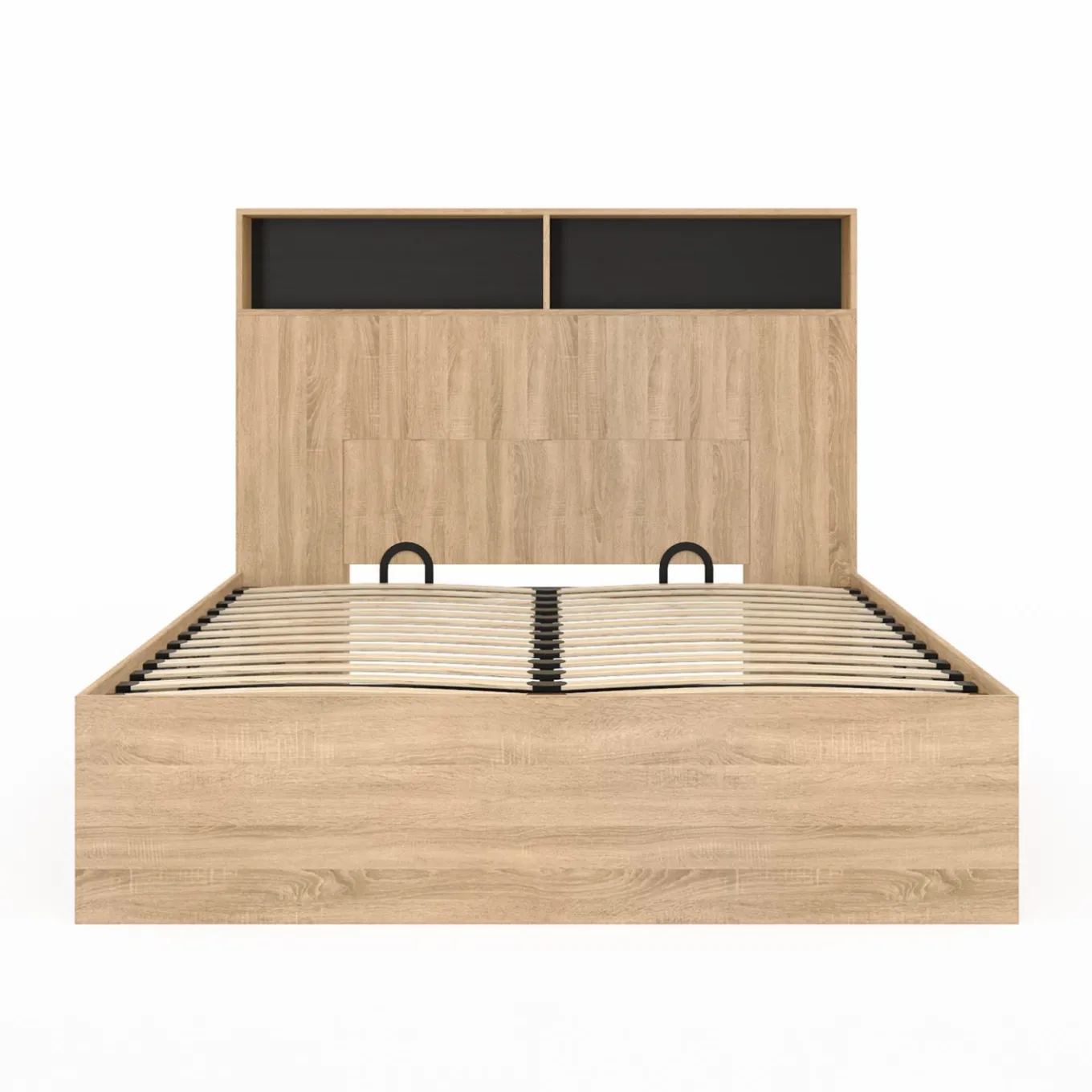 IDMarket Lit coffre double 140x190 cm avec tête de lit façon hêtre et noir* Collection Contemporaine|Lits Avec Sommier