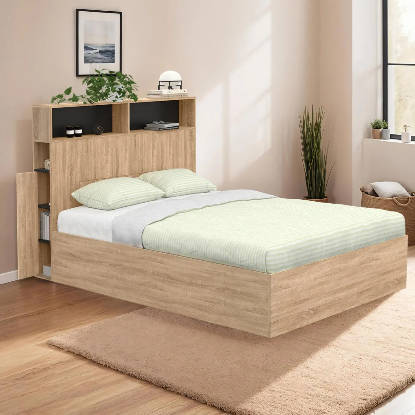 IDMarket Lit coffre double 140x190 cm avec tête de lit façon hêtre et noir* Collection Contemporaine|Lits Avec Sommier