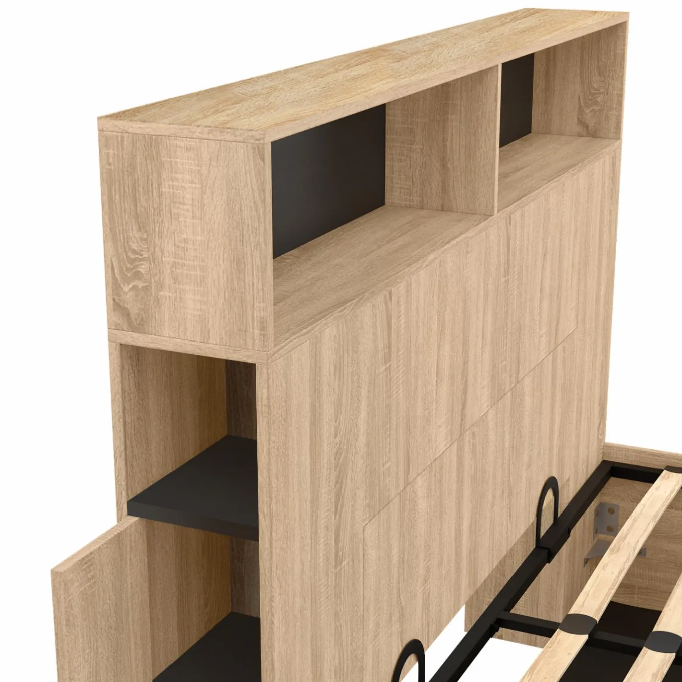 IDMarket Lit coffre double 140x190 cm avec tête de lit façon hêtre et noir* Collection Contemporaine|Lits Avec Sommier