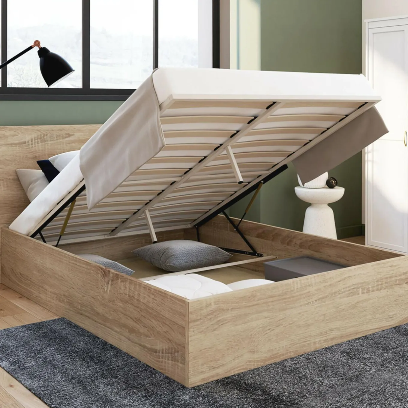 IDMarket Lit coffre double 140x190 cm coloris bois* Collection Contemporaine|Chambre Complète Adulte