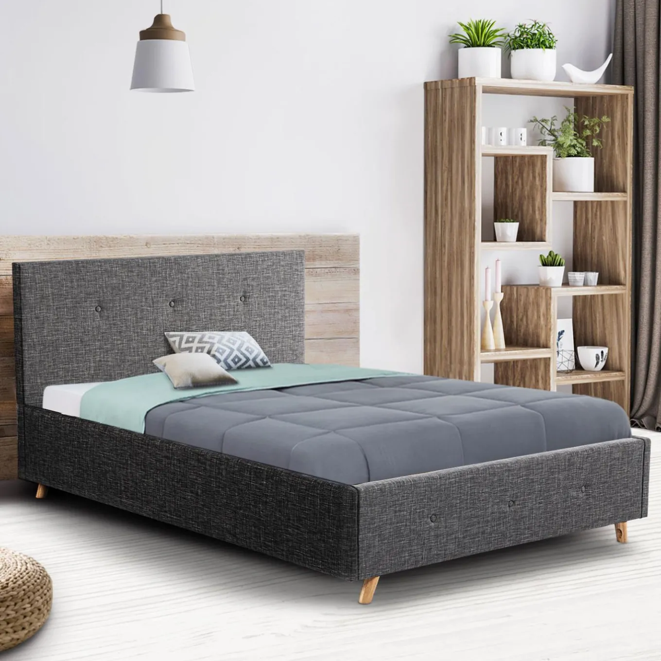 IDMarket Lit coffre scandinave gris 2 places* Collection Scandinave|Chambre Complète Adulte