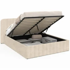 IDMarket Lit coffre velours beige 140x190 avec sommier et tête de lit* Collection Contemporaine|Lits Avec Sommier