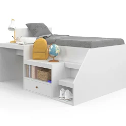 IDMarket Lit combiné 90x190 cm avec bureau et rangements bois blanc* Meubles Blancs|Lits Avec Sommier