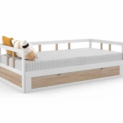 IDMarket Lit convertible 180 x 190 cm blanc et hêtre* Meubles Tiroirs|Lits Avec Sommier