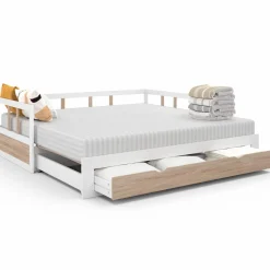 IDMarket Lit convertible 180 x 190 cm blanc et hêtre* Meubles Tiroirs|Lits Avec Sommier