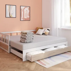 IDMarket Lit convertible 180 x 190 cm blanc et hêtre* Meubles Tiroirs|Lits Avec Sommier