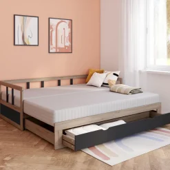 IDMarket Lit convertible 180 x 190 cm noir et hêtre* Meubles Tiroirs|Lits Avec Sommier