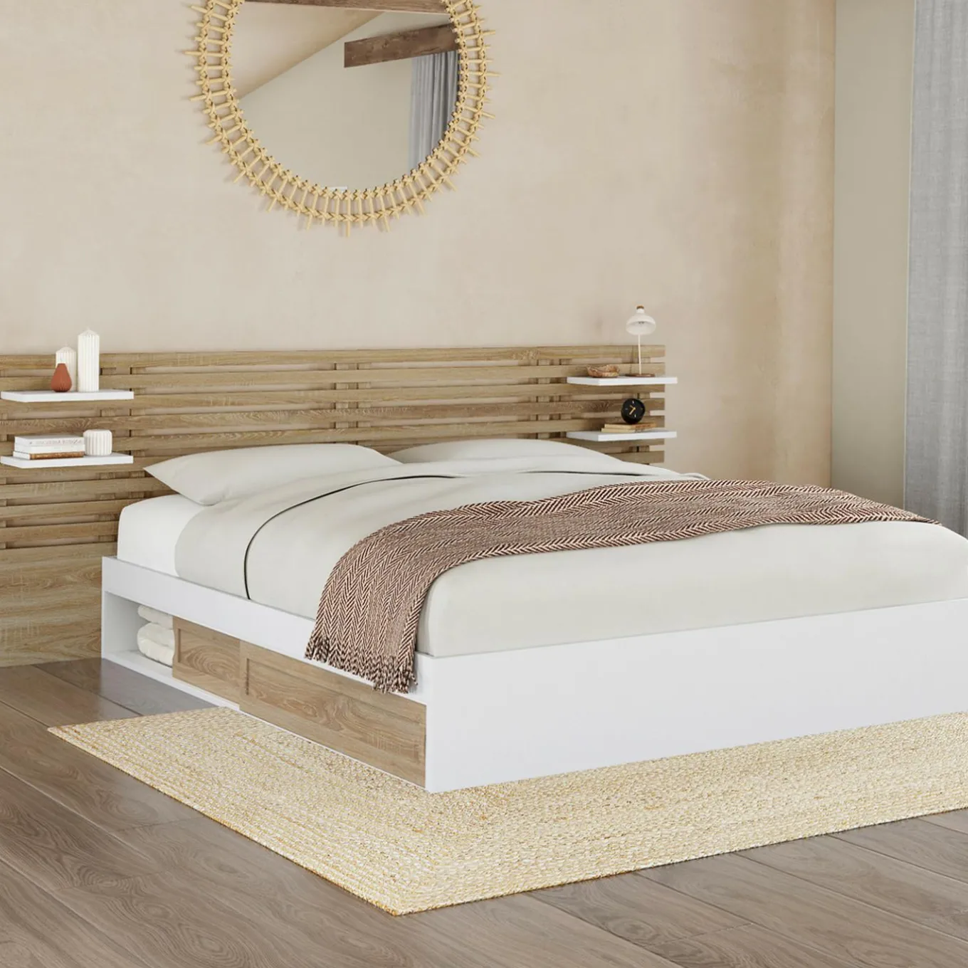 IDMarket Lit deux places 160 x 200 cm effet hêtre et blanc* Meubles En Bois|Lits Avec Sommier