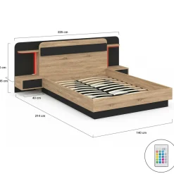 IDMarket Lit double 140 x 190 cm avec tête de lit, chevets suspendus, étagère, LED et sommier bois et noir* Chambre Complète Adulte|Lits Avec Sommier