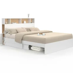 IDMarket Lit double avec rangements + tête de lit et sommier 160 x 200 cm blanc et hêtre* Chambre Complète Adulte|Lits Avec Sommier