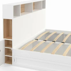 IDMarket Lit double avec rangements + tête de lit et sommier 160 x 200 cm blanc et hêtre* Chambre Complète Adulte|Lits Avec Sommier