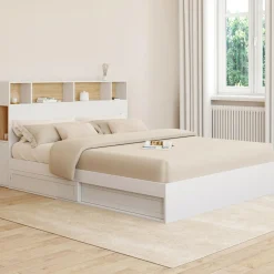 IDMarket Lit double avec rangements + tête de lit et sommier 160 x 200 cm blanc et hêtre* Chambre Complète Adulte|Lits Avec Sommier